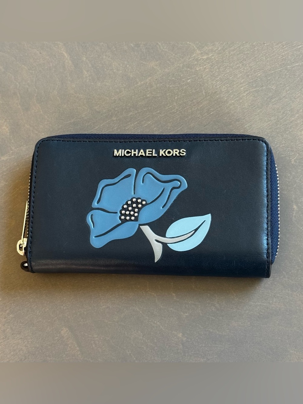 Michael Kors Navy Leather Zip Wallet with Blue Floral Applique